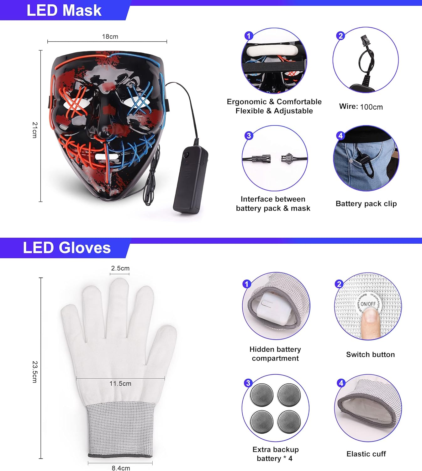 Colplay LED Halloween Mask and Glowing Gloves Set