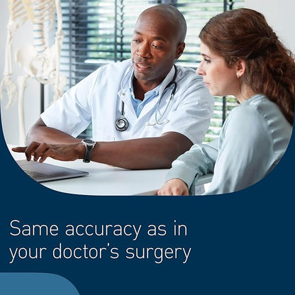 Doctor explaining something to a patient in a medical setting with text 'Same accuracy as in your doctor's surgery'.