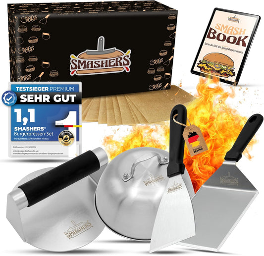 SMASHERS 6-Piece Smash Burger Set with Stainless Steel Press, Spatula, Grill Bell & Recipe eBook