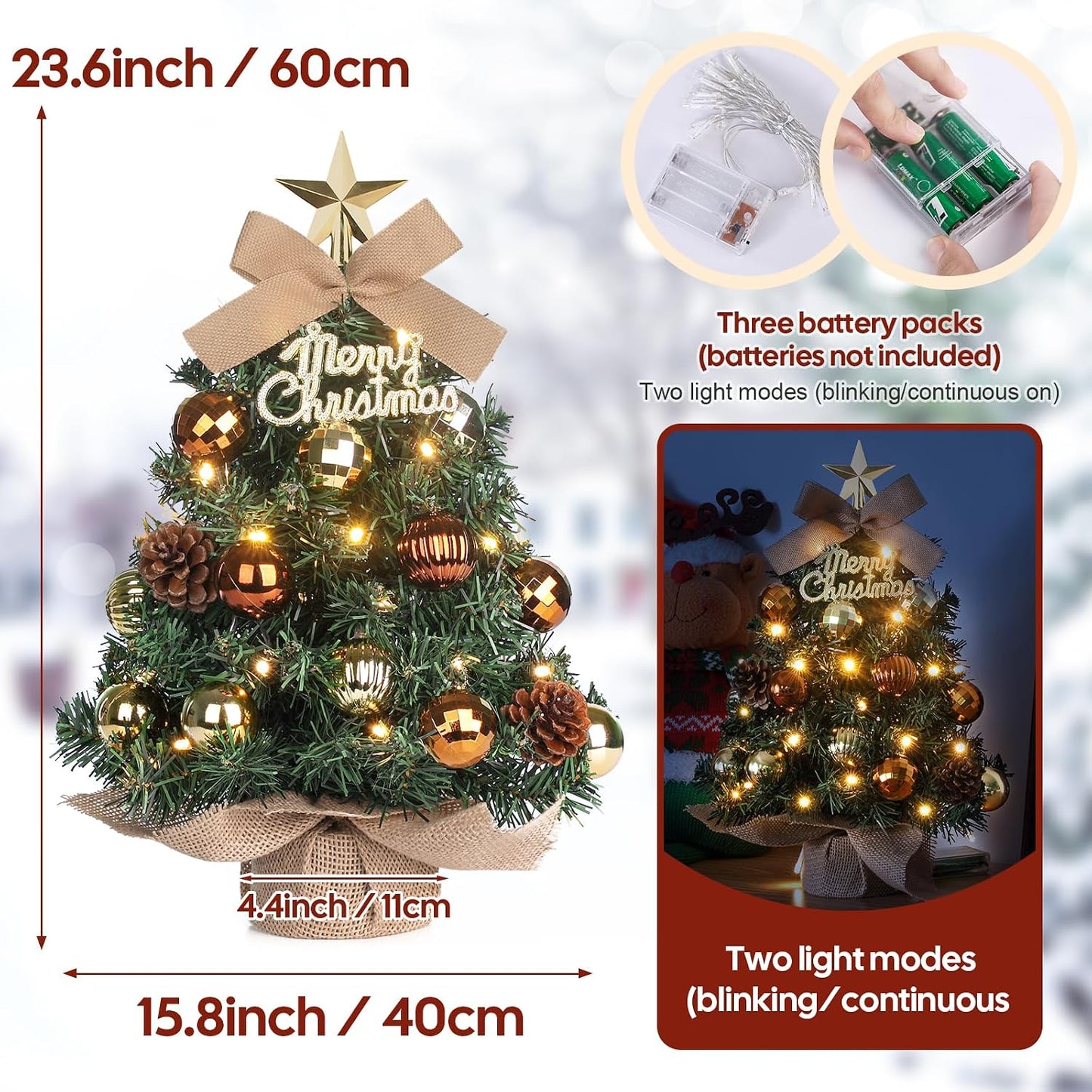 DEWUR 60cm Mini Christmas Tree with LED Lights Table Decoration Green