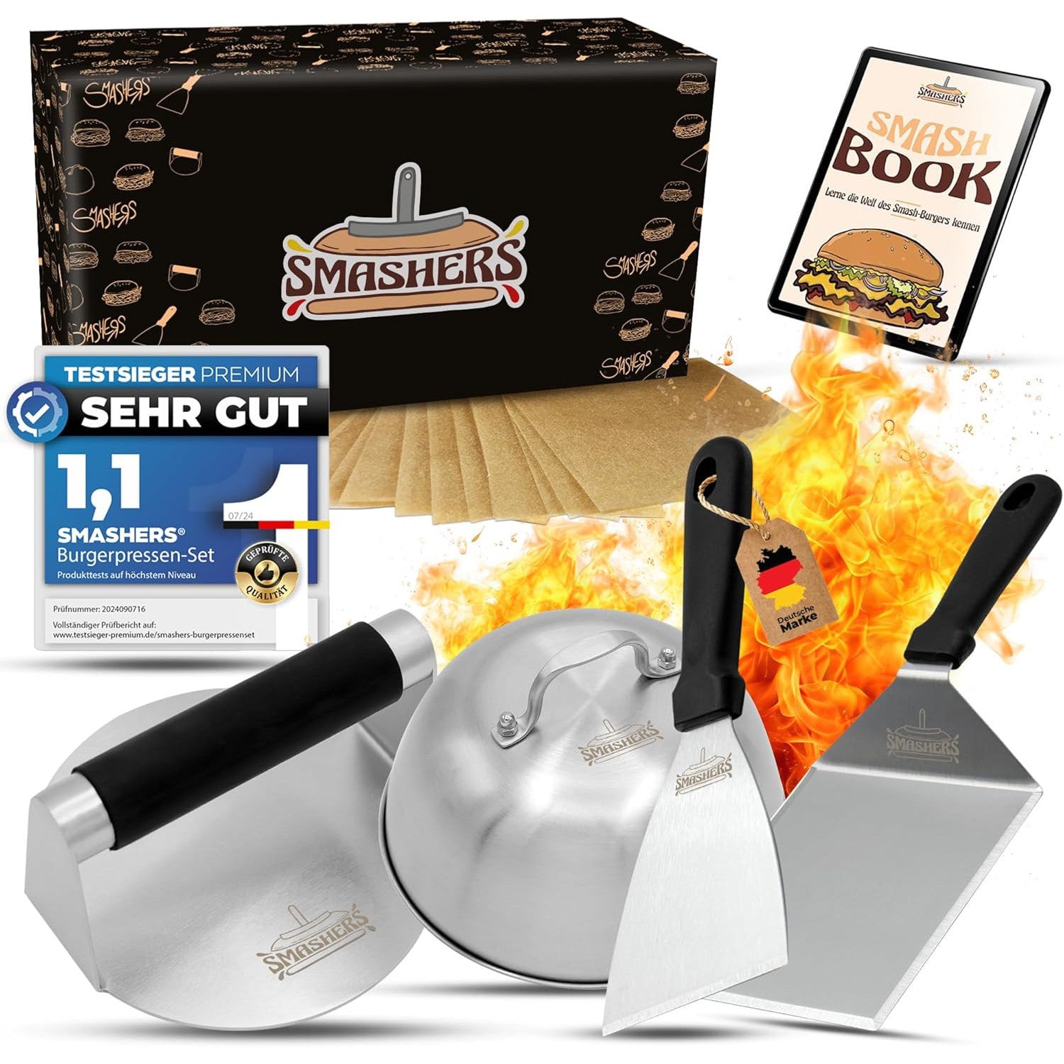 SMASHERS 6-Piece Smash Burger Set with Stainless Steel Press, Spatula, Grill Bell & Recipe eBook