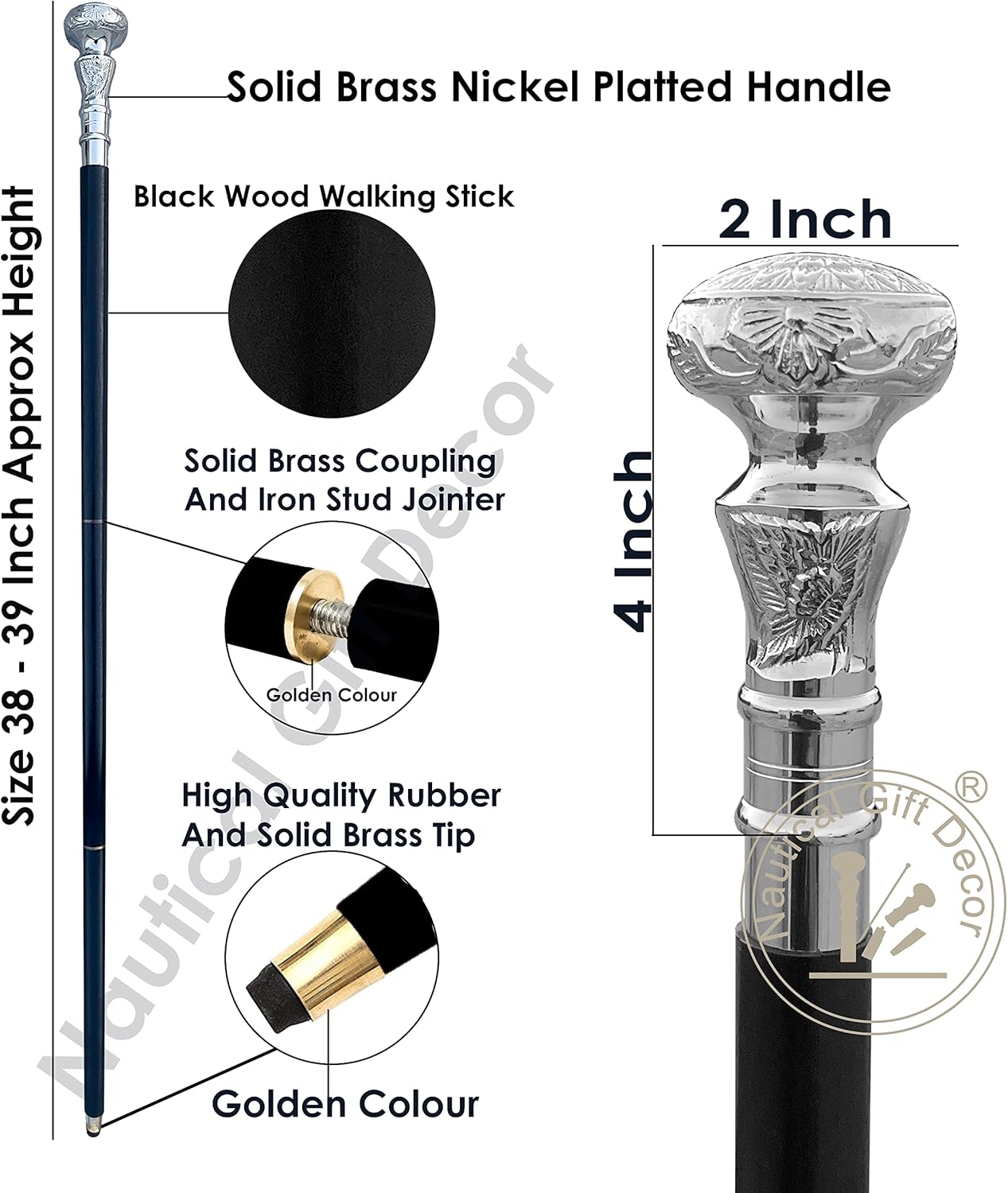 Vintage Antique Wooden Walking Cane with Silver Brass Handle