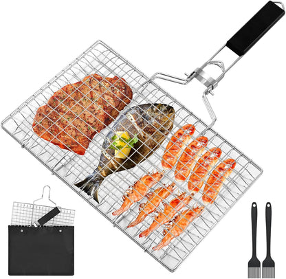 Ribber Folding Portable Fish Grilling Basket for Outdoor Grill