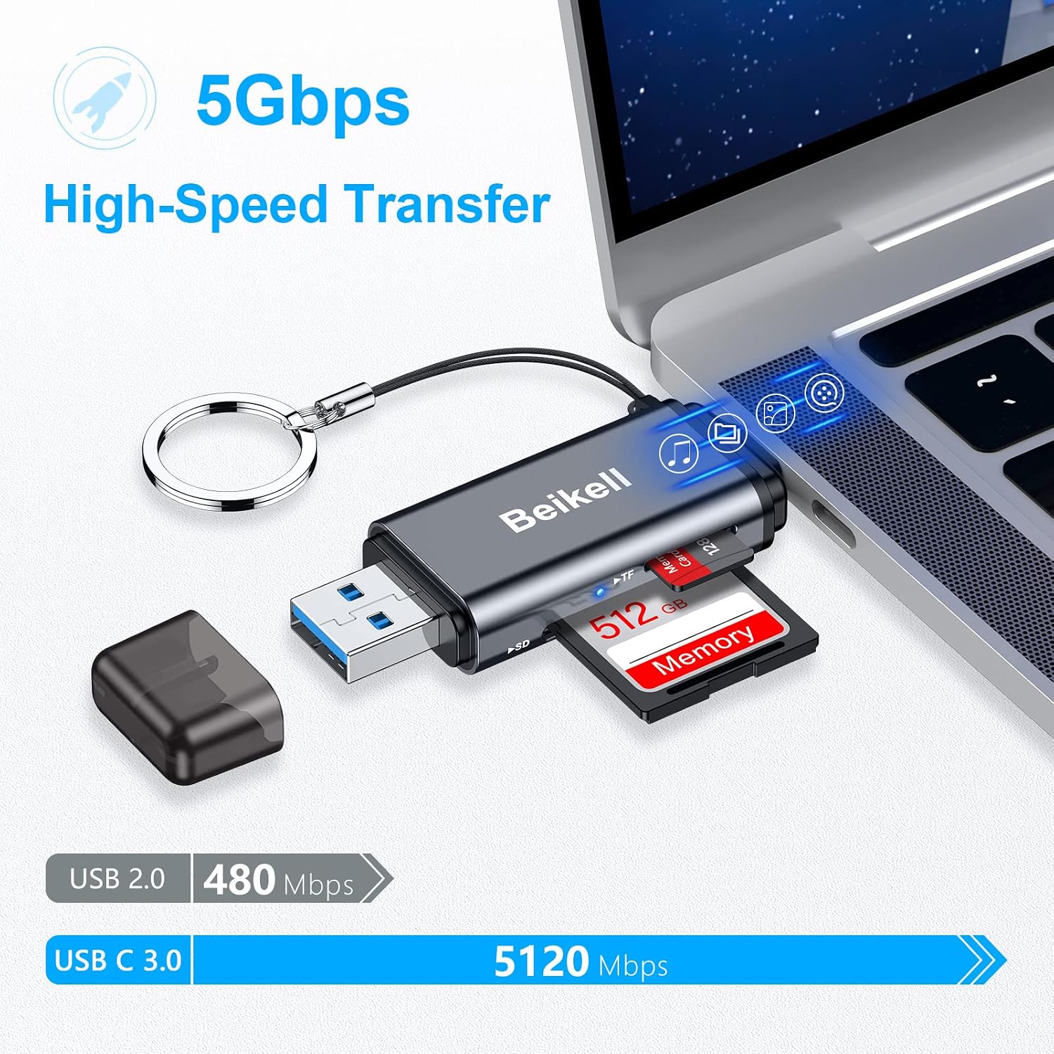 Beikell SD Card Reader Dual Connector USB 3.0 USB C Memory Card Adapter Supports SD Micro SD SDXC SDHC MMC RS-MMC UHS-I Compatible with MacBook Pro MacBook Air iPad Pro Galaxy S21