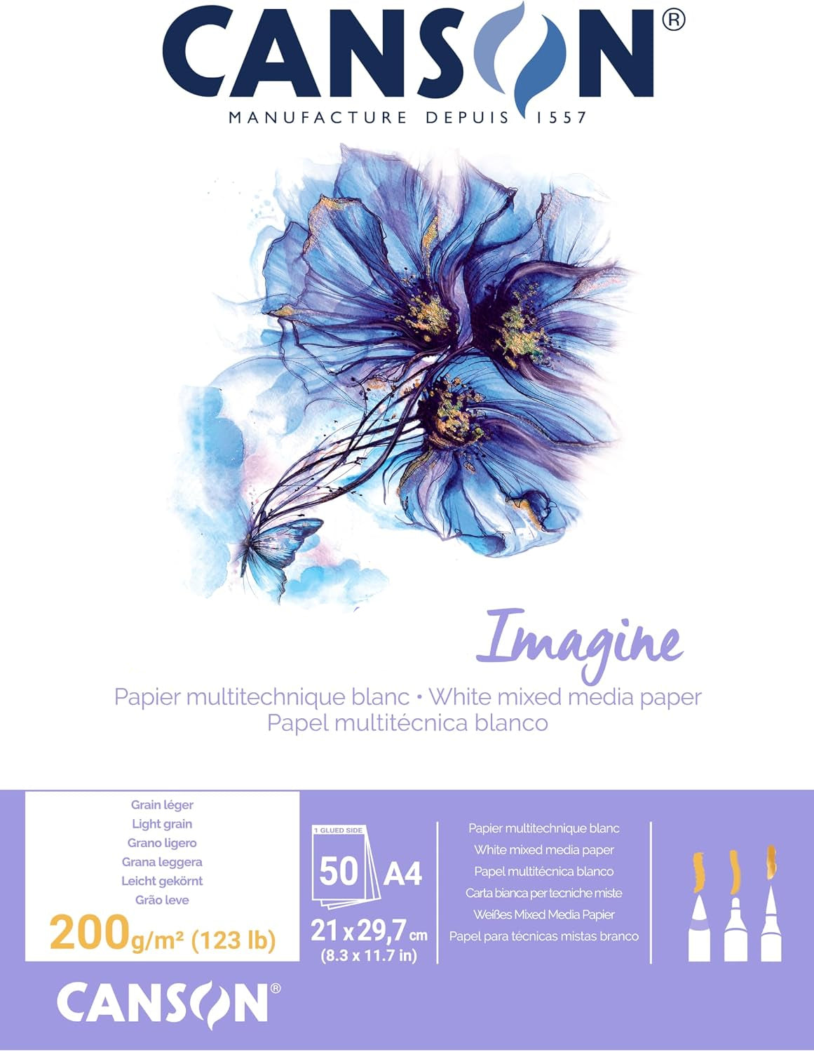 Canson Imagine Mixed Media 200gsm Paper A4 Pad 50 Sheets Pure White