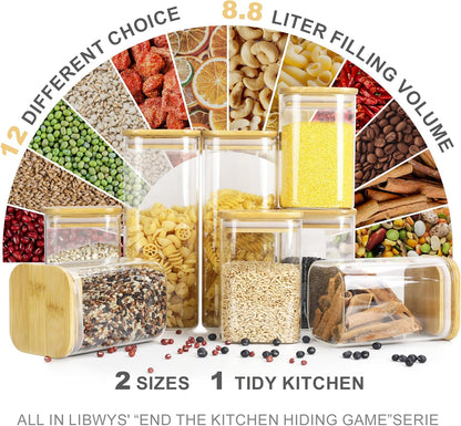 LIBWYS 12-Piece Square Glass Storage Jars with Bamboo Lids