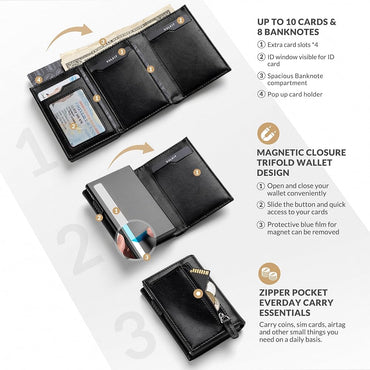 VULKIT Slim RFID Blocking Leather Pop-Up Wallet with Banknote & ID Window
