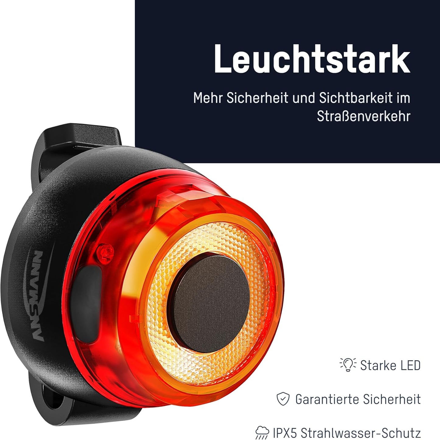 ANSMANN USB Rechargeable Bike Rear Light – Bright CREE LED, IPX5, StVZO Certified, Black