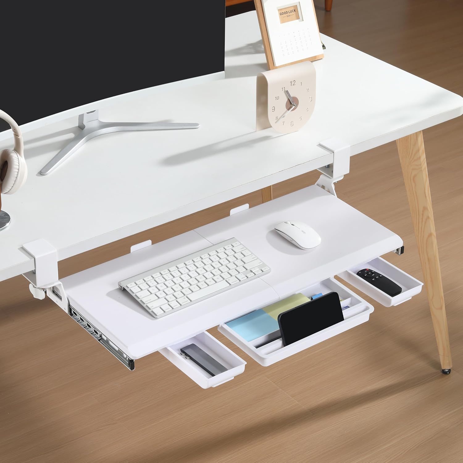 ETHU White Under Desk Keyboard Tray with Storage Drawers