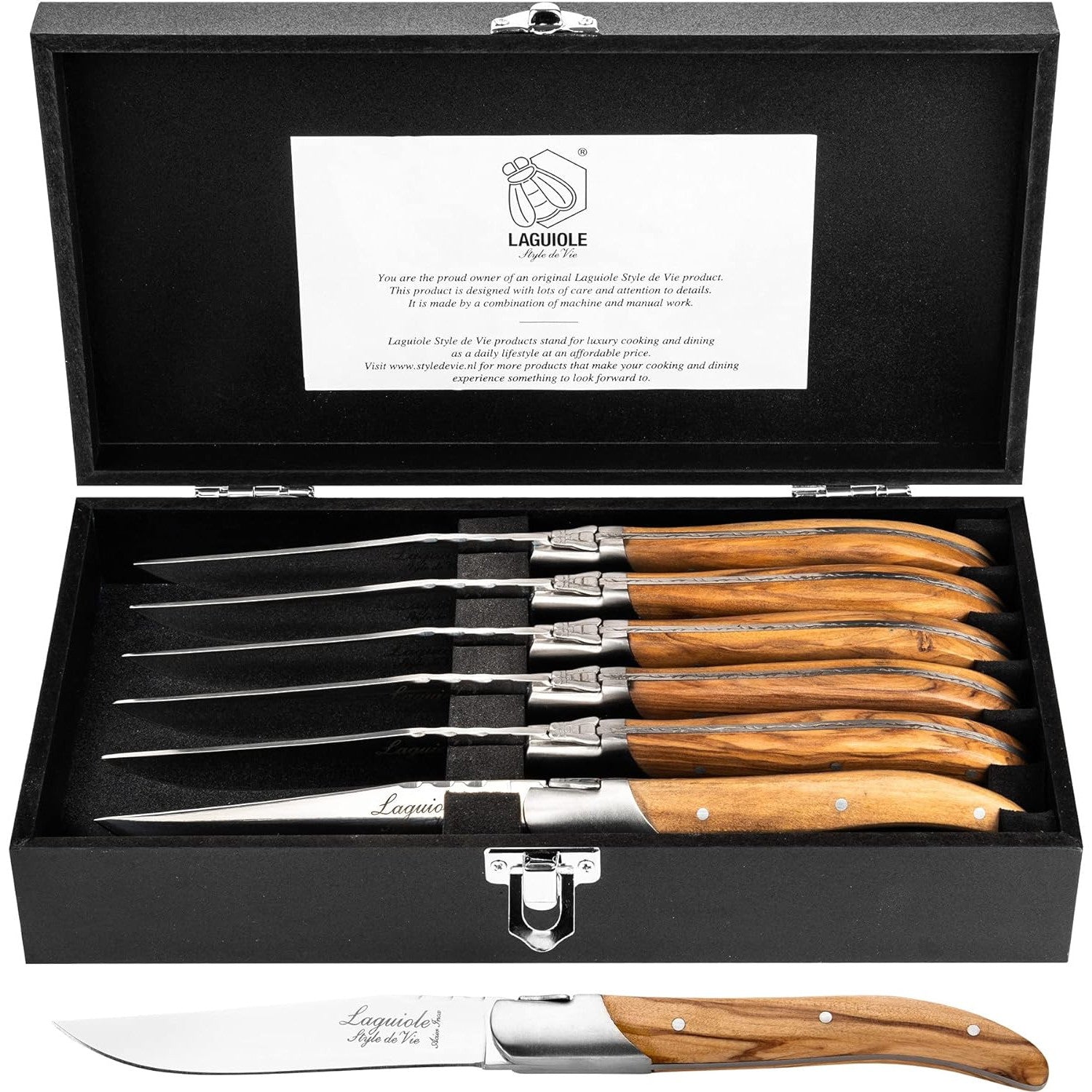 Luxury Olive Wood Laguiole Steak Knife Set – 6 Piece Cutlery