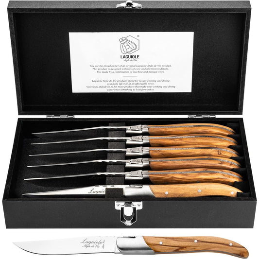 Luxury Olive Wood Laguiole Steak Knife Set – 6 Piece Cutlery