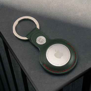 Premium Genuine Leather TORRO AirTag Keychain with Brushed Ring Green