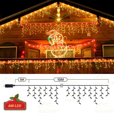 MAGGIFT 10m 400 LED Icicle String Lights Indoor Outdoor Christmas Decoration with Remote Timer 8 Modes IP44 Waterproof Warm White