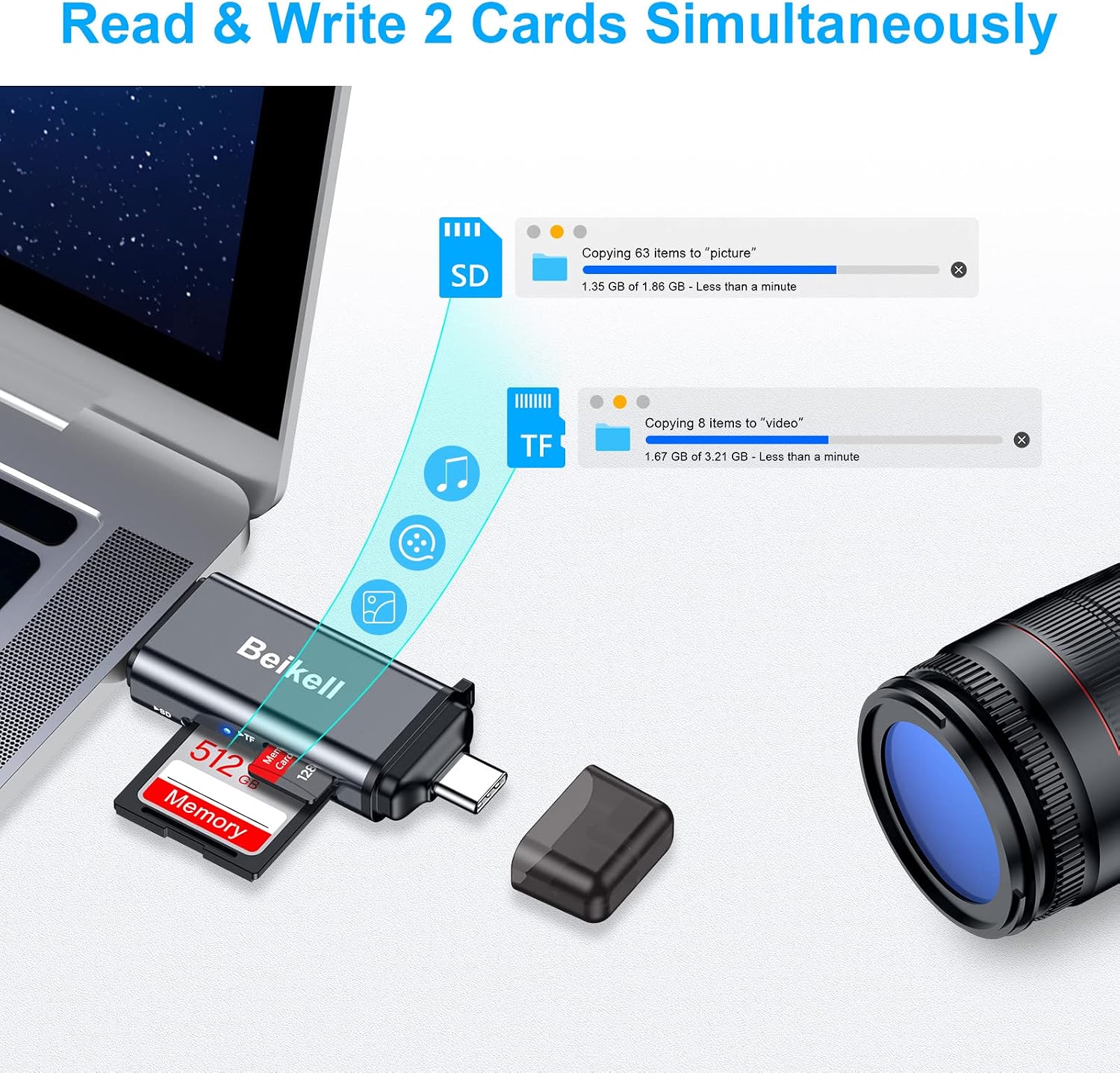 Beikell SD Card Reader Dual Connector USB 3.0 USB C Memory Card Adapter Supports SD Micro SD SDXC SDHC MMC RS-MMC UHS-I Compatible with MacBook Pro MacBook Air iPad Pro Galaxy S21