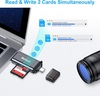 Beikell SD Card Reader Dual Connector USB 3.0 USB C Memory Card Adapter Supports SD Micro SD SDXC SDHC MMC RS-MMC UHS-I Compatible with MacBook Pro MacBook Air iPad Pro Galaxy S21