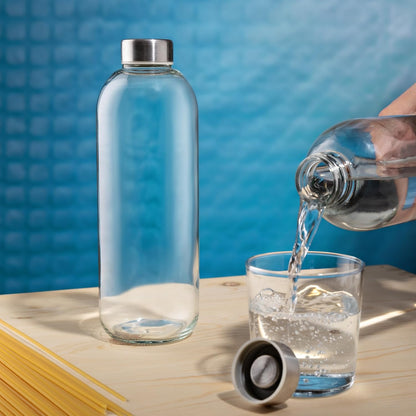 BrandPrint Eos 1 Liter Glass Bottles Set of 6 with Silver Screw Caps for Drinks & Juices