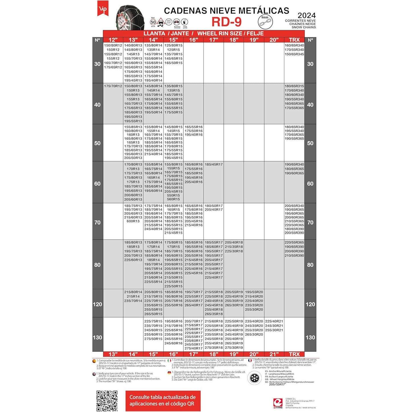 VIP RD9 Metal Snow Chains 9mm Size 80 with Gloves