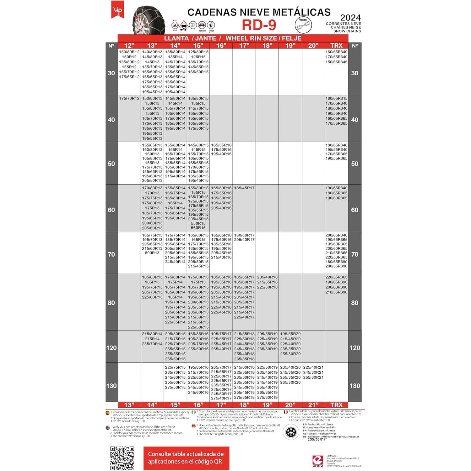 VIP RD9 Metal Snow Chains 9mm Size 80 with Gloves