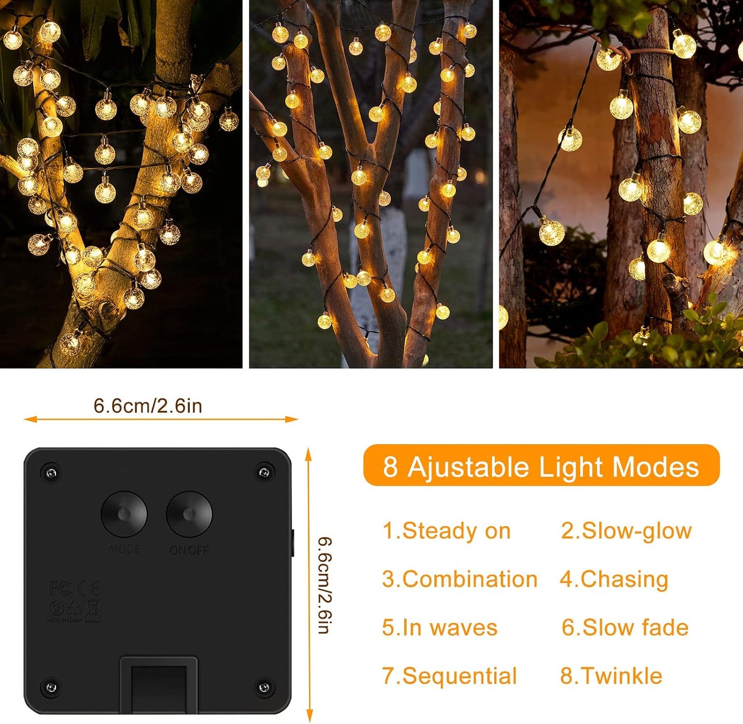 Yogle Solar String Lights Outdoor 6.5m 30 LED Crystal Ball with 8 Modes Timer IP65 Waterproof for Garden Balcony Terrace Trees Weddings Parties Warm White