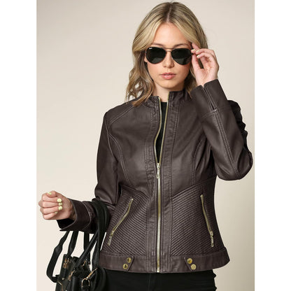 Made By Johnny Women's Vegan Leather Biker Jacket – Coffee XL