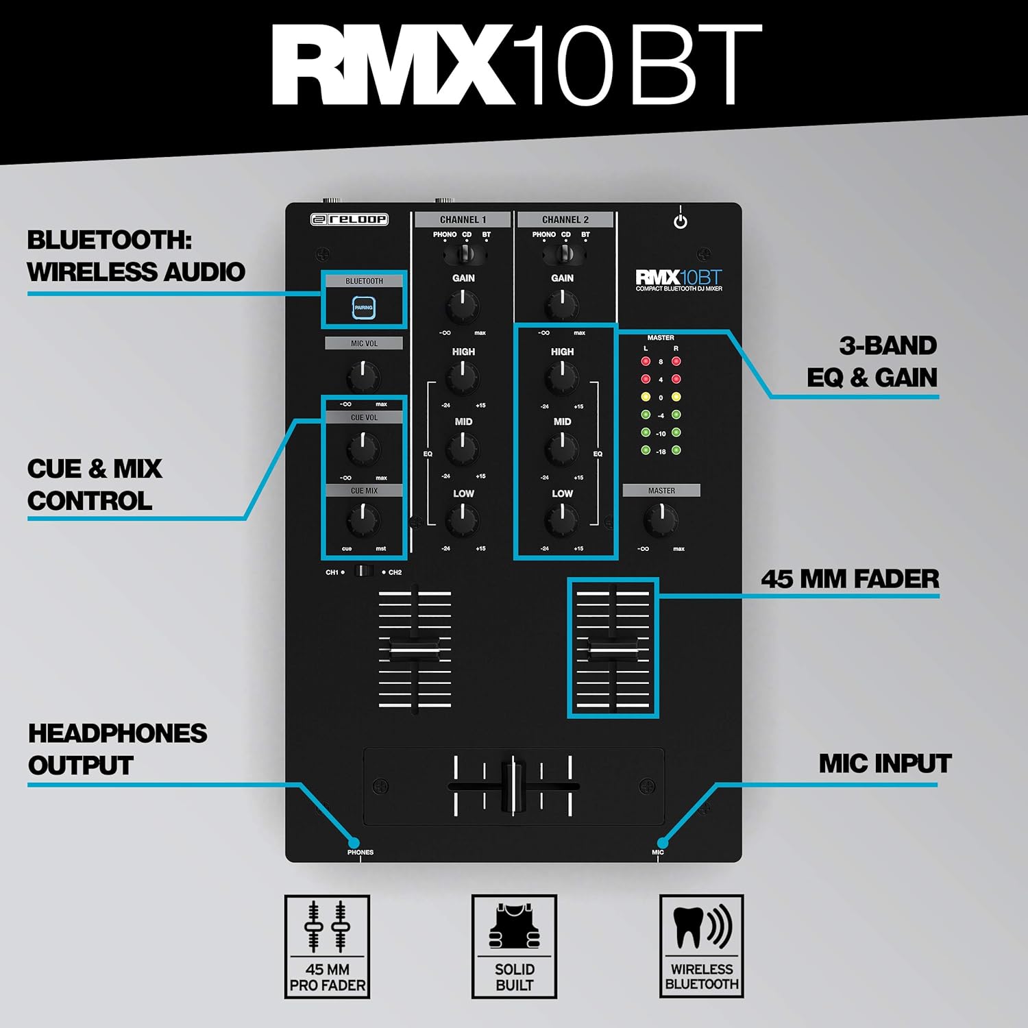 Reloop RMX-10 BT 2-Channel Bluetooth DJ Mixer – Compact Metal Design