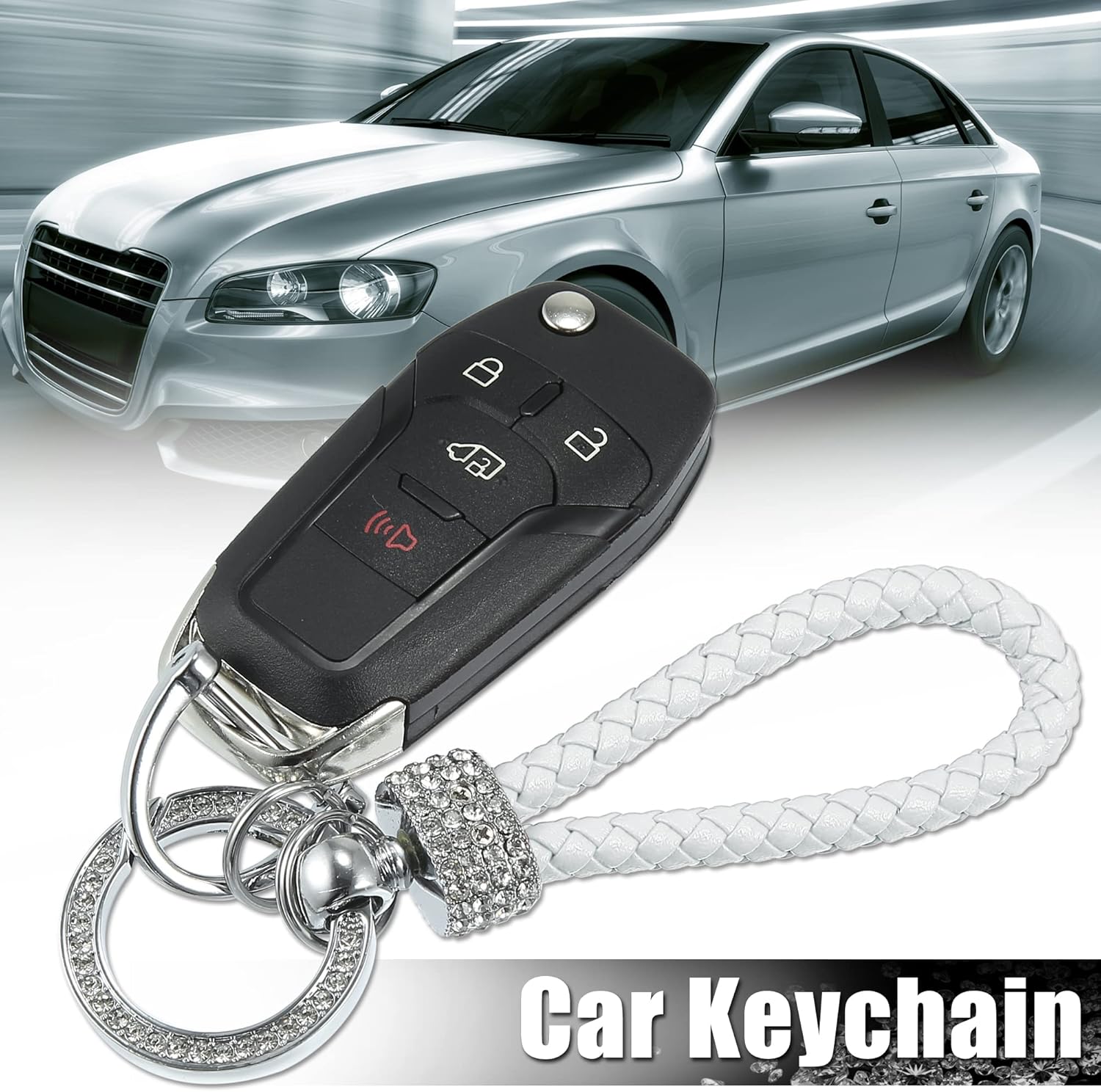 White PU Leather Car Keychain with Sparkling Strass