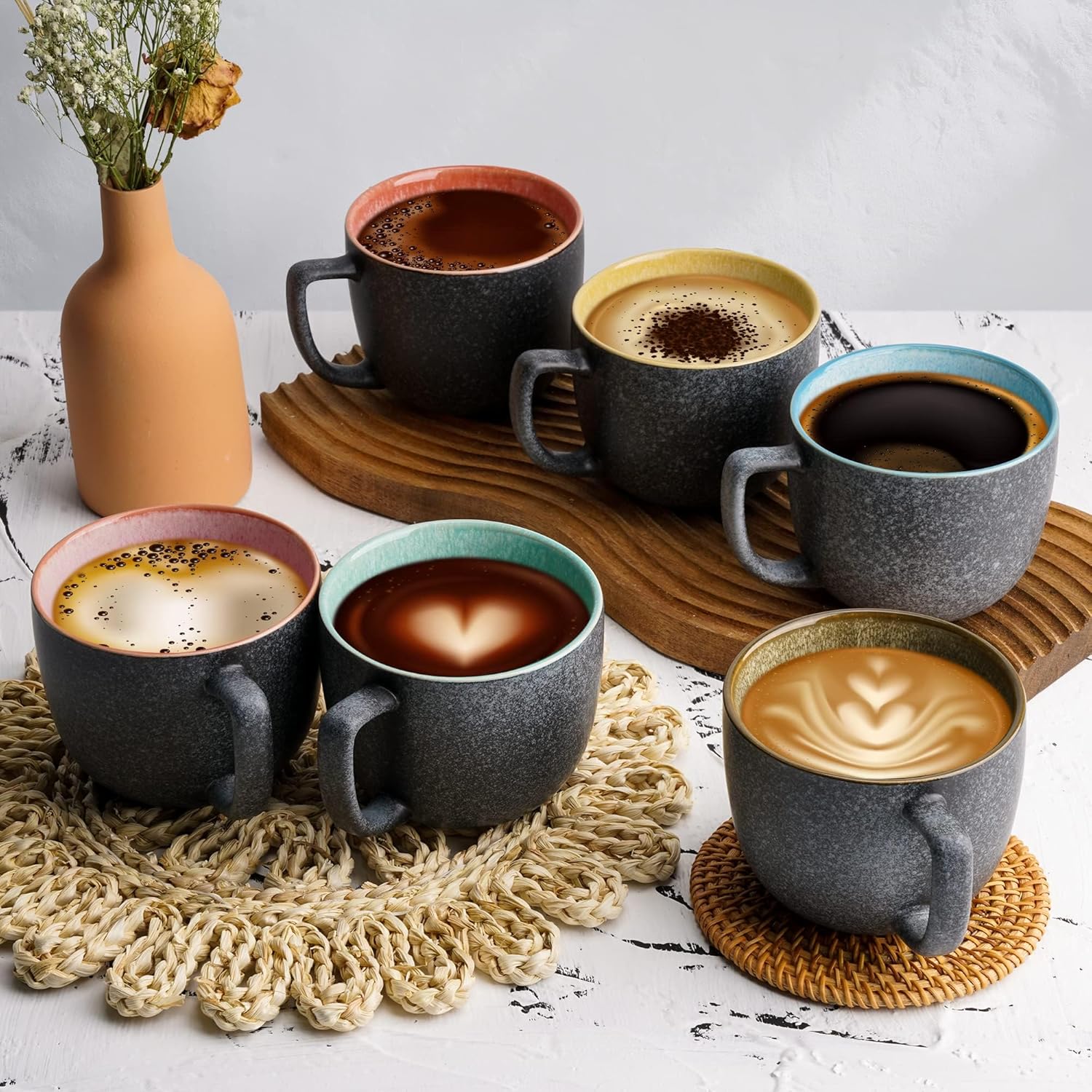 MIAMIO 6-Piece 470ml Ceramic Coffee Mug Set – Colorful Stoneware Las Palmitas Collection