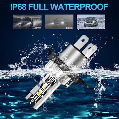 AUXIRACER H4 LED Bulbs 80W 6500K Cool White 12V IP68 Waterproof 1:1 Mini Size Plug-N-Play for Car Pack of 2