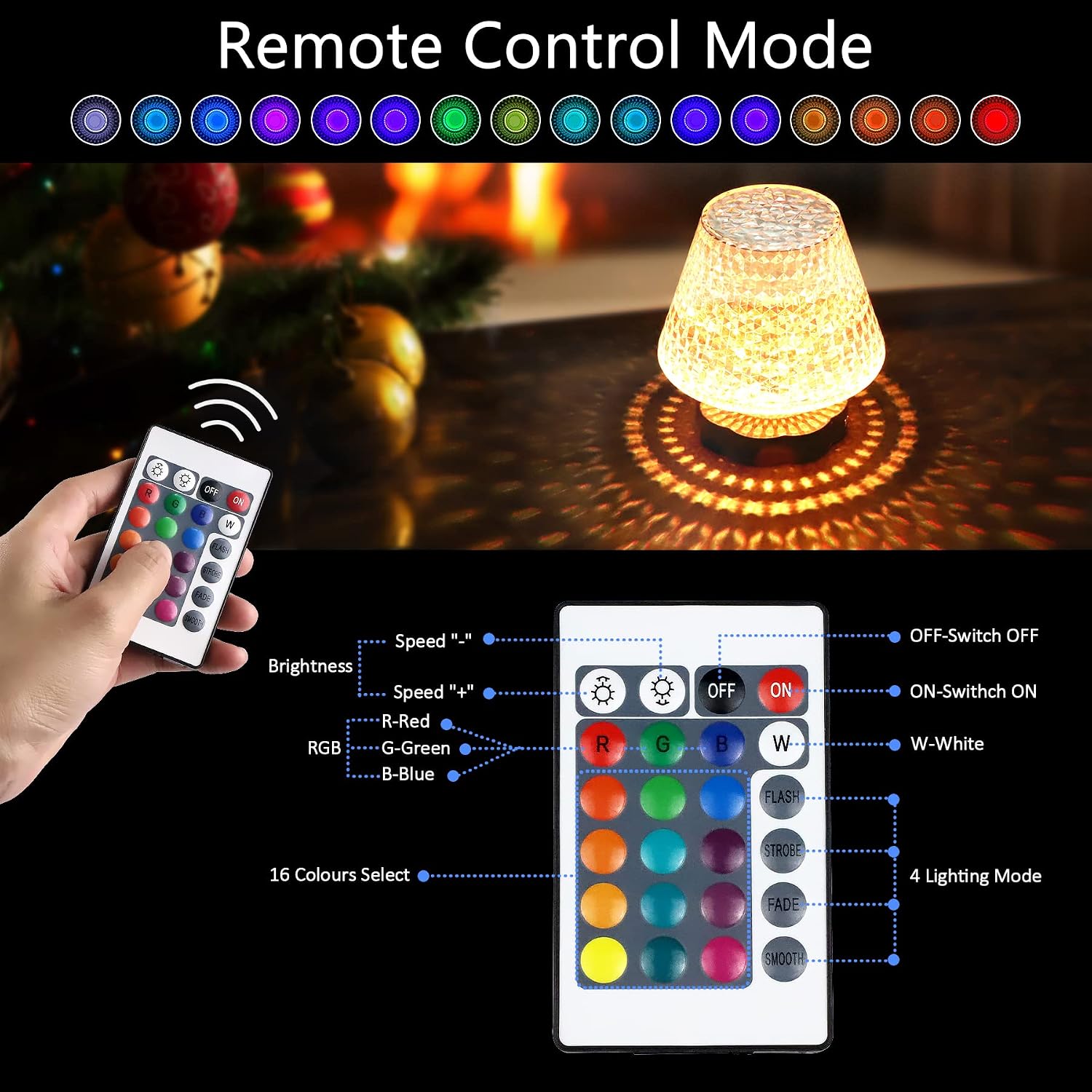 Rouclo Crystal Table Lamp 16 Colours LED USB-C Touch Remote Control 12.5 cm