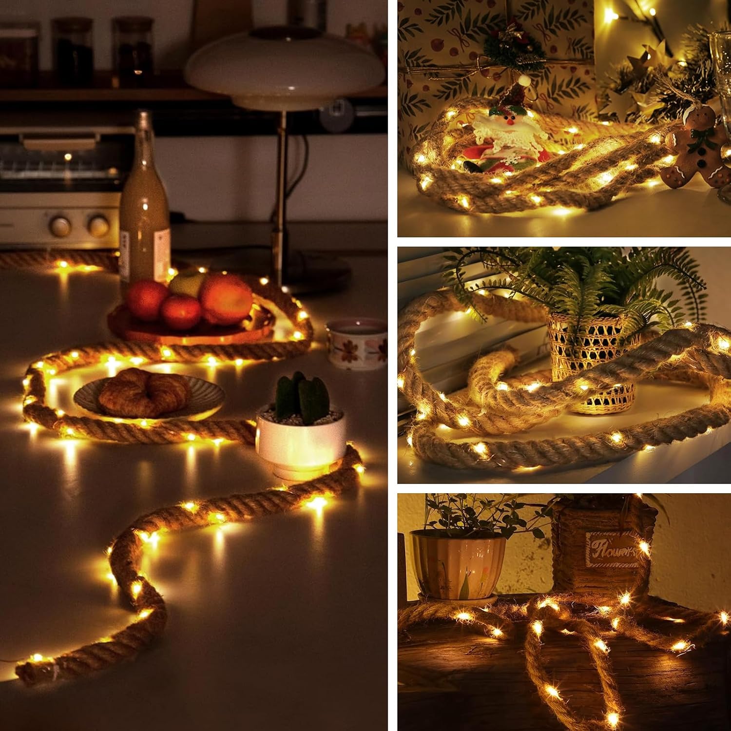 Litinliv 3m LED Hemp Rope Fairy Lights, 60 LEDs Remote