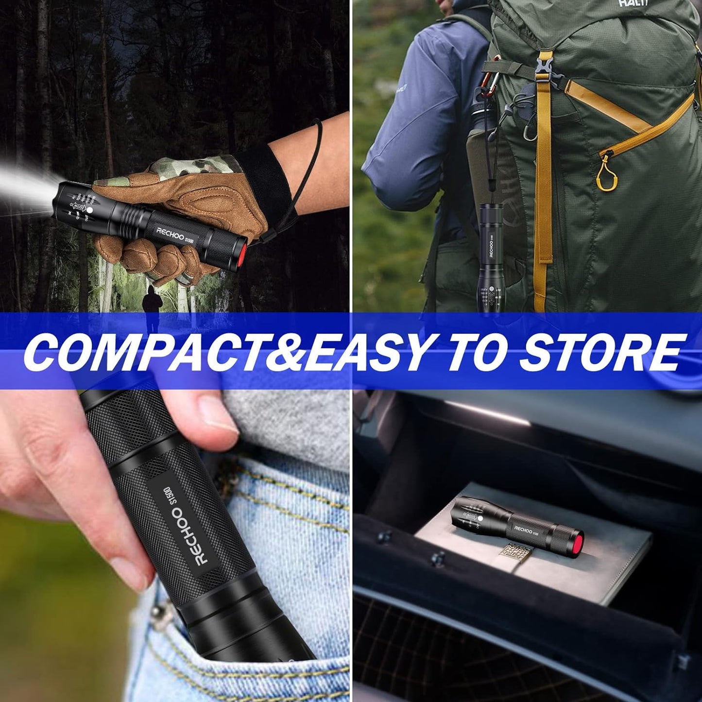 RECHOO S1500 Tactical Flashlight 1500 Lumens Waterproof 5‑Mode 2‑Pack