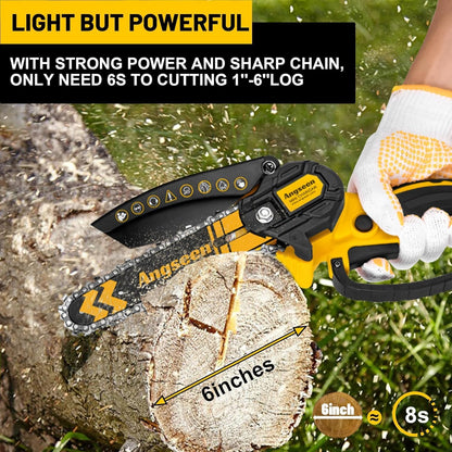 Angseen 6‑Inch Cordless Mini Chainsaw with 2 Batteries