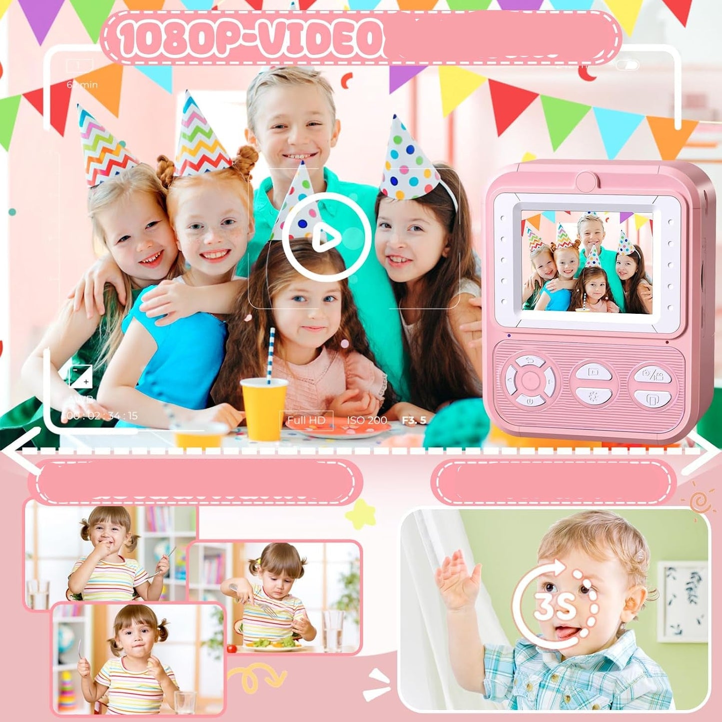 Korffe P7 Children's Instant Camera with 3 Rolls Printing Paper 32GB Card 2.4 Inch Screen 6 Coloured Pens