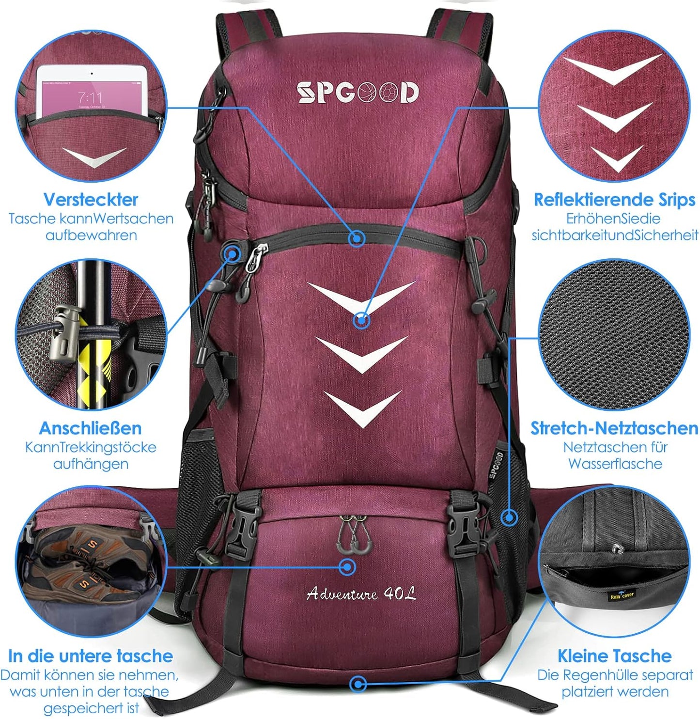 SPGOOD Unisex Waterproof Hiking Backpack 50L Large Capacity