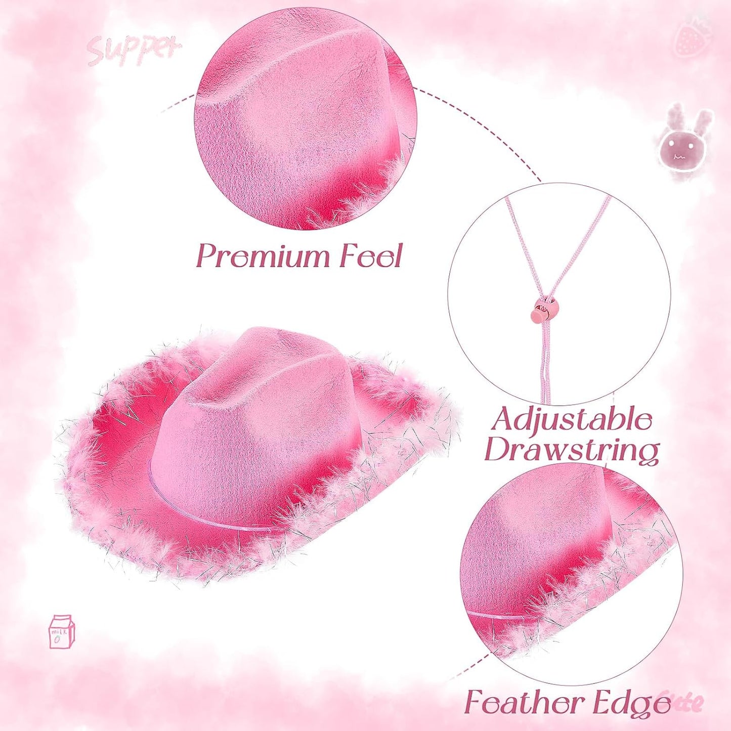 24 Pink Fluffy Feather Cowgirl Hats with Bandana & Heart Sunglasses