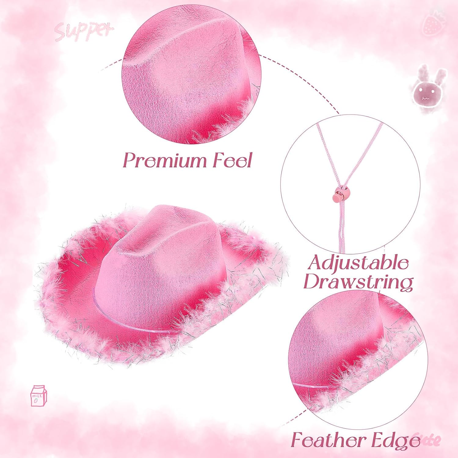 24 Pink Fluffy Feather Cowgirl Hats with Bandana & Heart Sunglasses