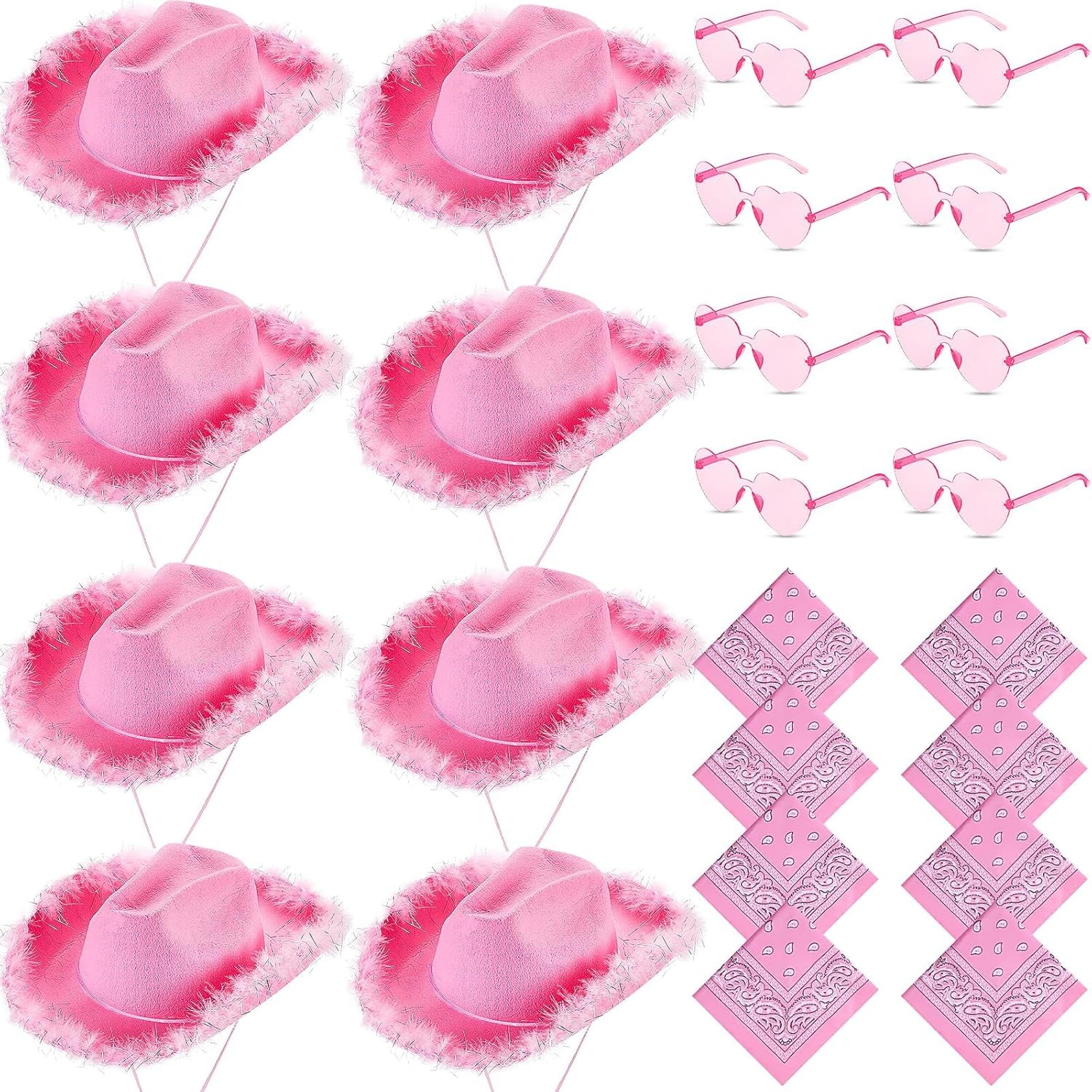 24 Pink Fluffy Feather Cowgirl Hats with Bandana & Heart Sunglasses