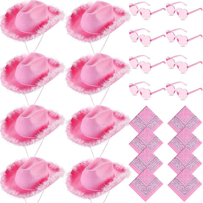 24 Pink Fluffy Feather Cowgirl Hats with Bandana & Heart Sunglasses