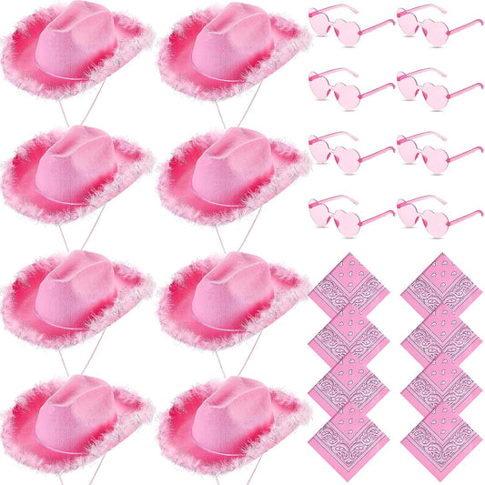 24 Pink Fluffy Feather Cowgirl Hats with Bandana & Heart Sunglasses