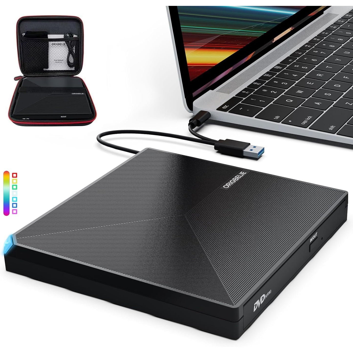 ORIGBELIE Portable USB 3.0 External CD/DVD Burner with RGB
