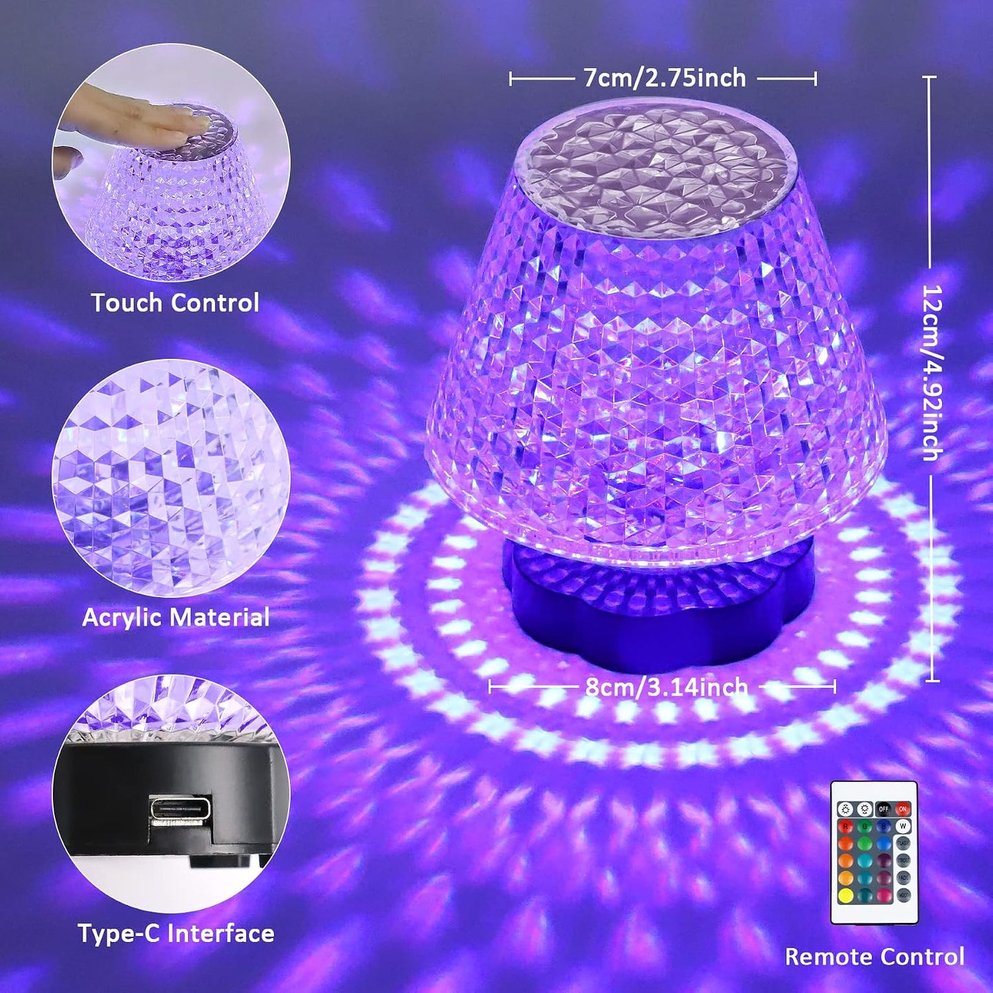 Rouclo Crystal Table Lamp 16 Colours LED USB-C Touch Remote Control 12.5 cm