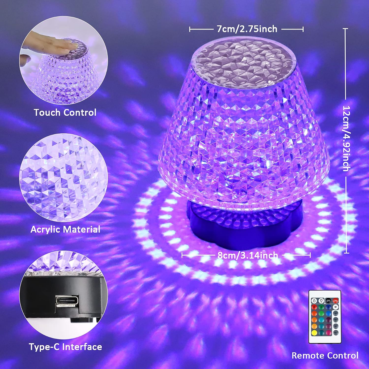 Rouclo Crystal Table Lamp 16 Colours LED USB-C Touch Remote Control 12.5 cm