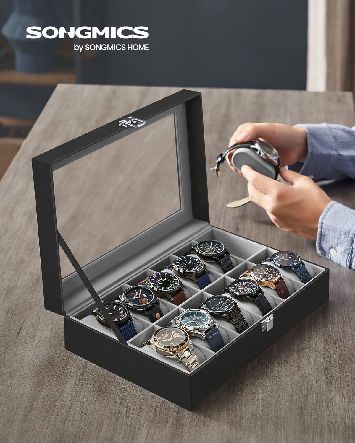 SONGMICS 12-Slot Black & Grey Lining Watch Box Glass Lid