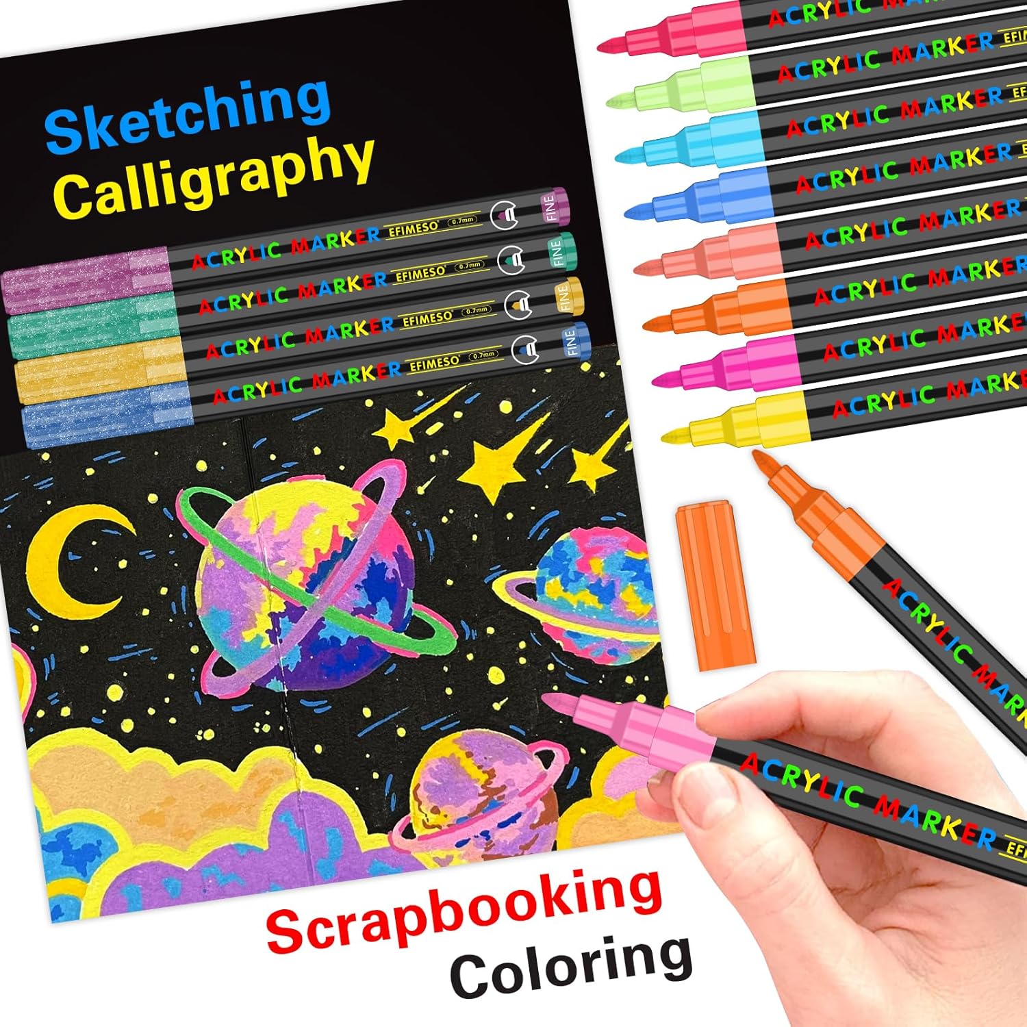 Efimeso Waterproof 120-Color Acrylic Marker Set with Fine 0.7mm Tip