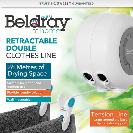 Beldray Dual Retractable Washing Line – 2 × 13 m Double Reel, Wall‑Mounted