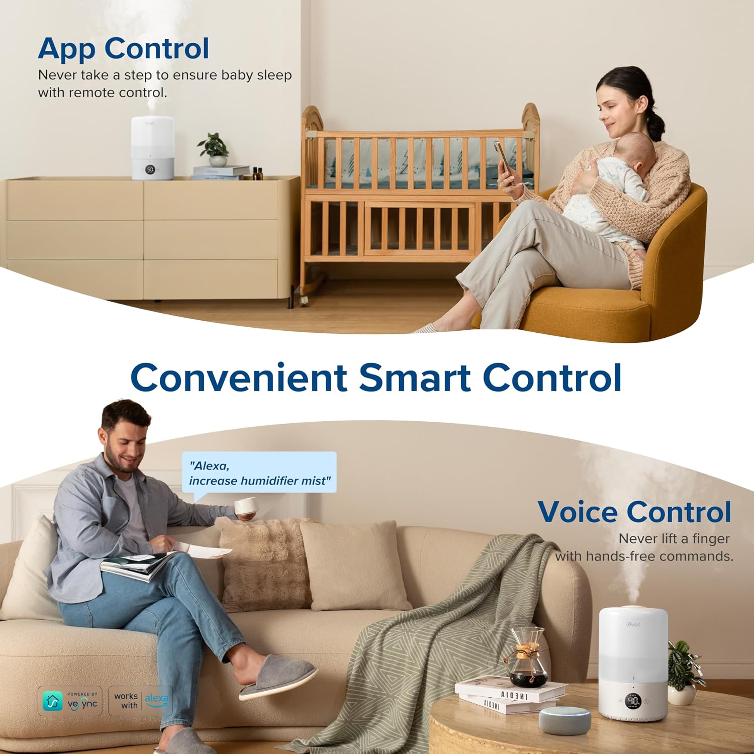 LEVOIT Smart Cool Mist Top Fill Humidifier 3L White