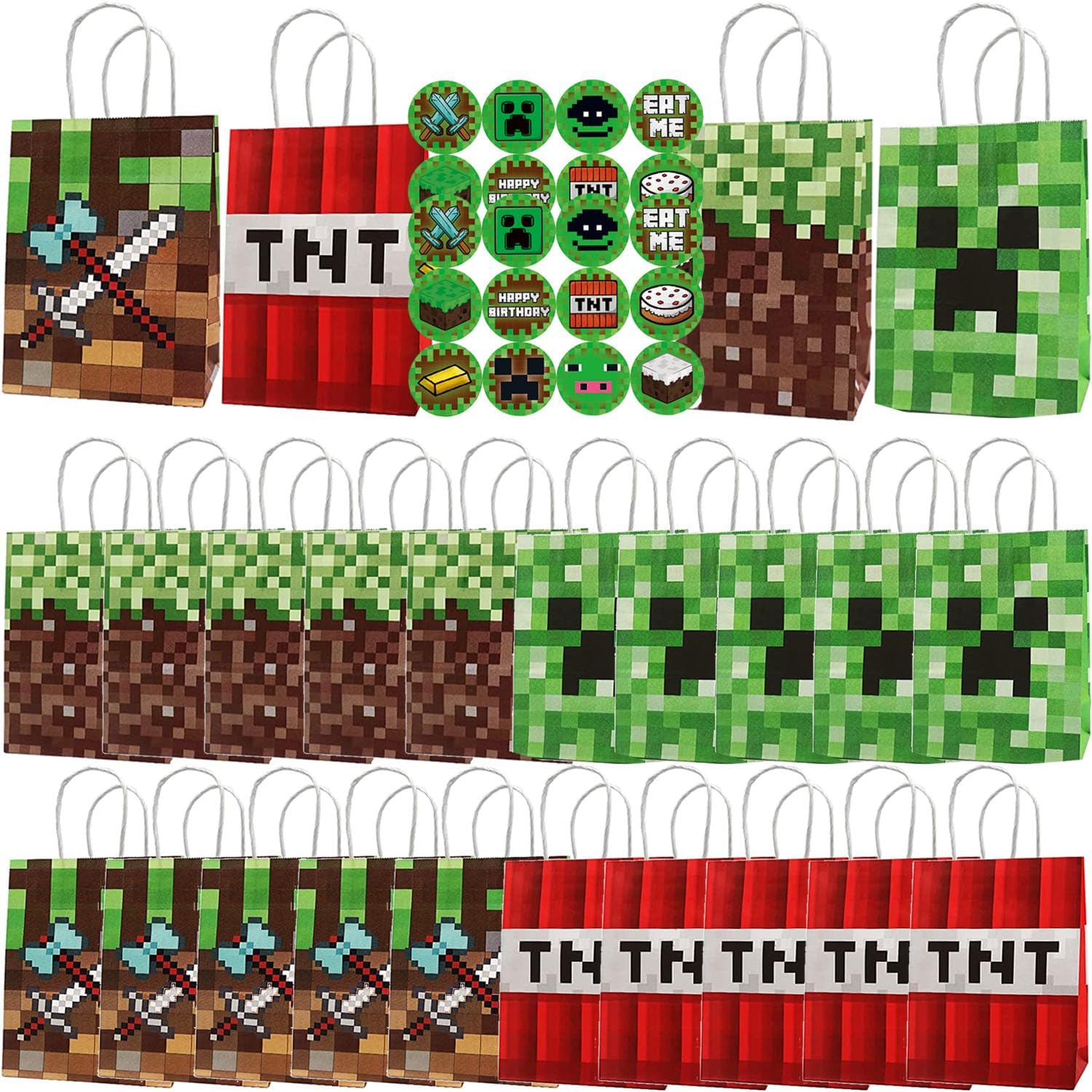 24 Pack Green Pixel Gift Bags with Top Handles