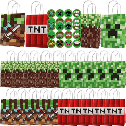 24 Pack Green Pixel Gift Bags with Top Handles