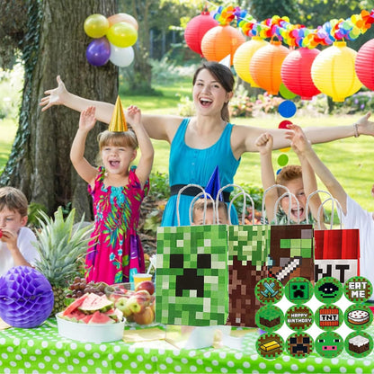 24 Pack Green Pixel Gift Bags with Top Handles