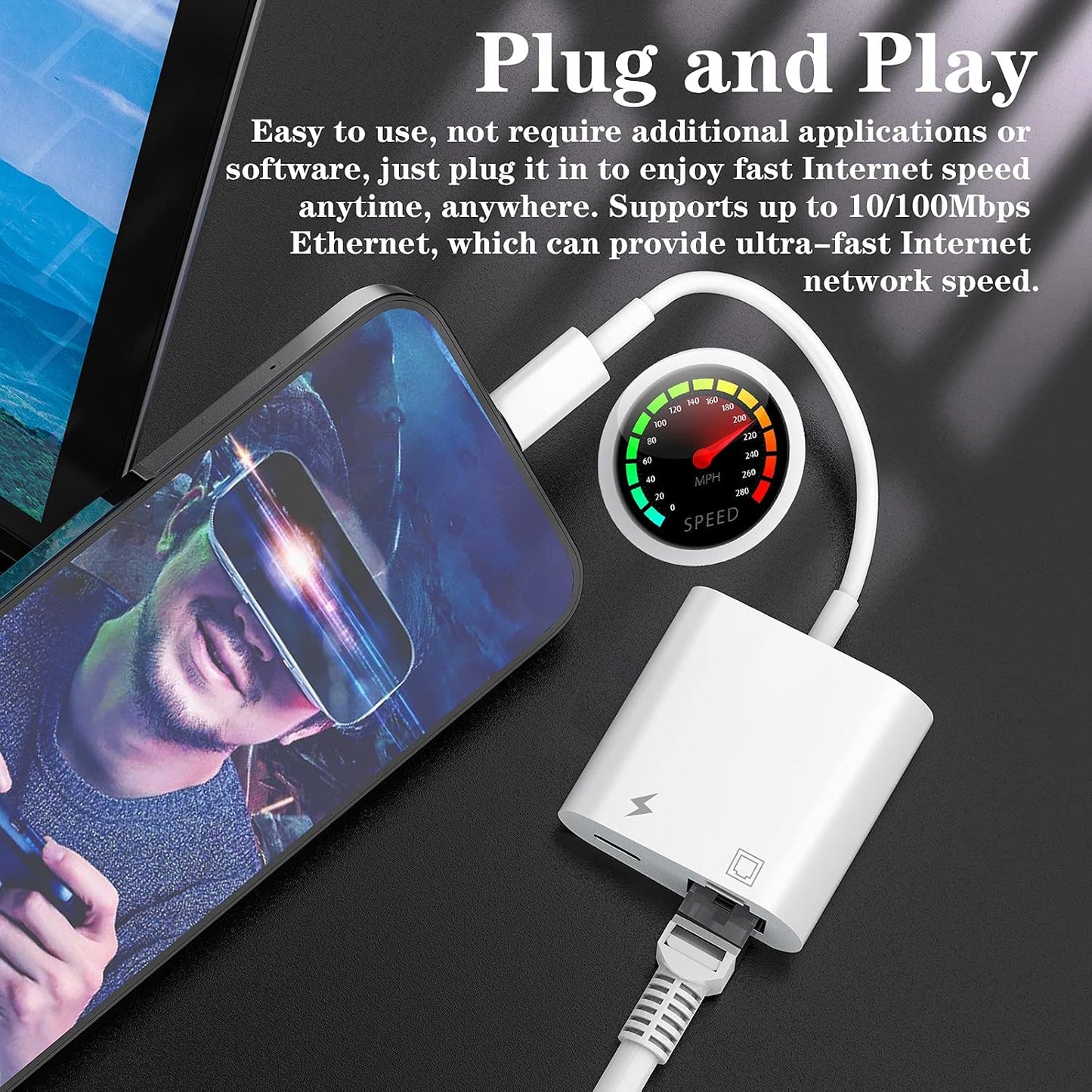 DESOFICON Lightning to Ethernet Adapter 2-in-1 RJ45 LAN Network with Charging Port for iPhone iPad White